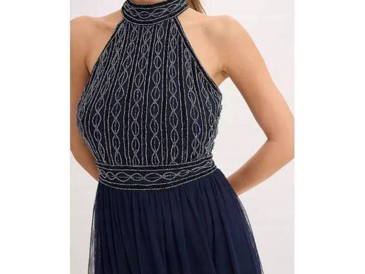 B.P.C długa sukienka wieczorowa granatowa z koralikami r.38