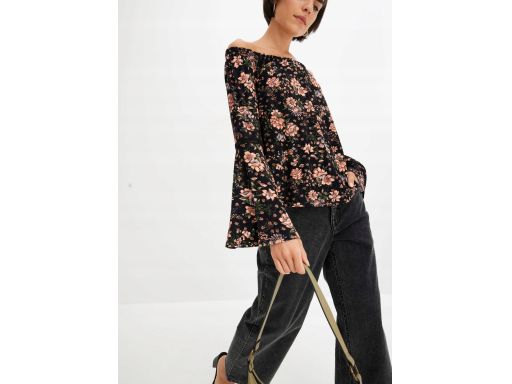 B.P.C czarna bluzka carmen z nadrukiem w kwiaty rozszerzane rękawy ^36