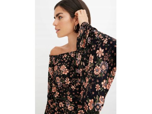 B.P.C czarna bluzka carmen z nadrukiem w kwiaty rozszerzane rękawy ^36