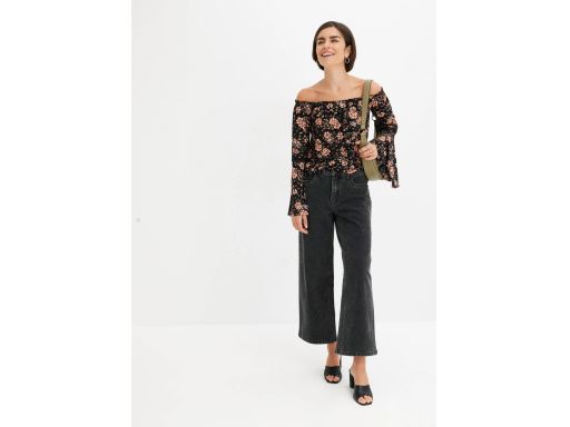 B.P.C czarna bluzka carmen z nadrukiem w kwiaty rozszerzane rękawy ^36