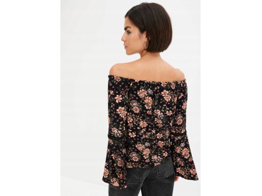 B.P.C czarna bluzka carmen z nadrukiem w kwiaty rozszerzane rękawy ^36