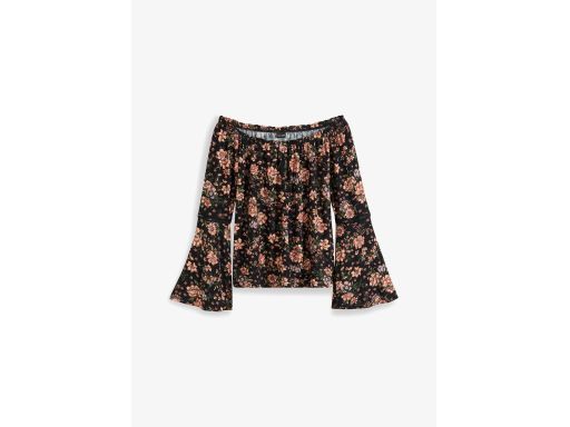 B.P.C czarna bluzka carmen z nadrukiem w kwiaty rozszerzane rękawy ^36