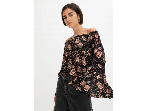 B.P.C czarna bluzka carmen z nadrukiem w kwiaty rozszerzane rękawy ^36