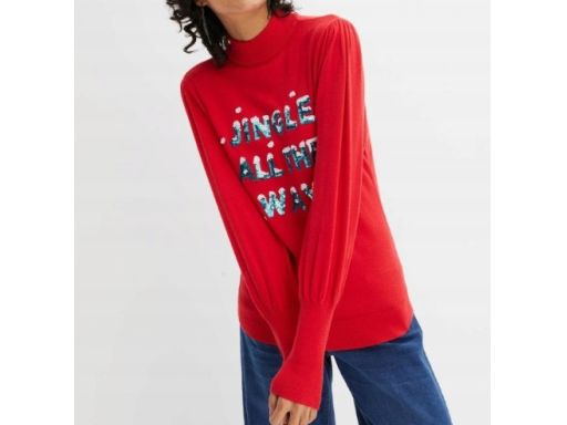 B.P.C sweter dzianinowy czerwony świąteczny z napisem z cekinów ^52/54