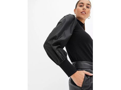 B.P.C bluzka czarna prążkowana z satynowymi bufiastymi rękawami ^44/46