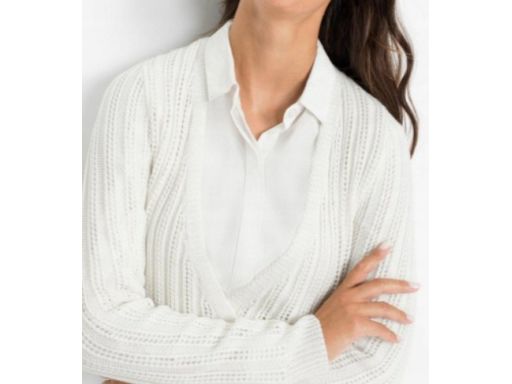 B.P.C śmietankowy sweterek kopertowy ażurowy 36/38.