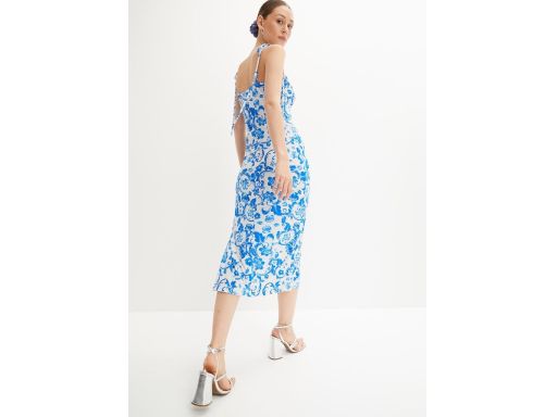 B.P.C sukienka midi z rozcięciem biało-niebieska wzór roślinny 48/50.