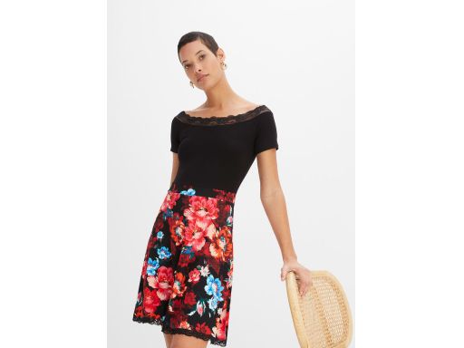 B.P.C czarna sukienka z częścią spódnicową w kwiaty r.48/50