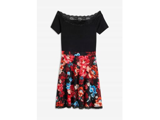 B.P.C czarna sukienka z częścią spódnicową w kwiaty r.48/50