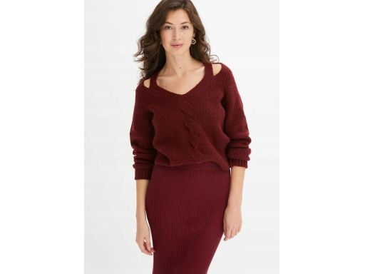 B.P.C bordowy sweter w serek z rozcięciami 40/42.