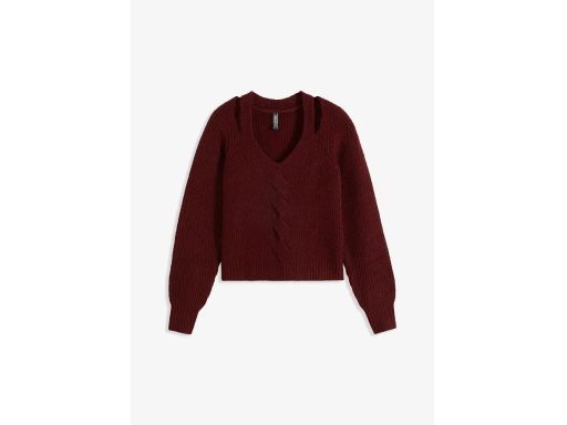 B.P.C bordowy sweter w serek z rozcięciami 40/42.