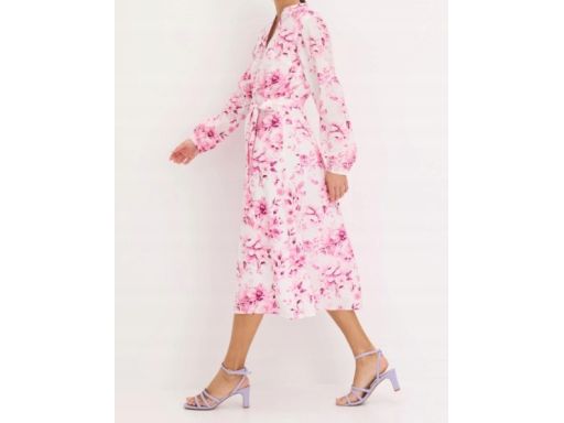 B.P.C biała sukienka w różowe kwiaty midi ^46