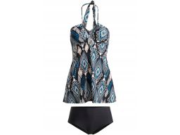 B.P.C długi top tankini w kolorowe wzory i czarne figi r.40