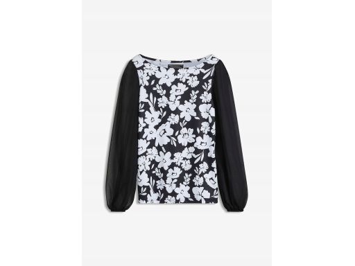 B.P.C bluzka czarno-biała w kwiaty z szyfonowymi rękawami ^52/54