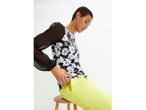 B.P.C bluzka czarno-biała w kwiaty z szyfonowymi rękawami ^52/54