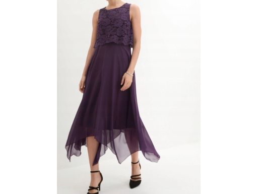 B.P.C sukienka szyfonowa asymetryczna fioletowa jagodowa z koronką ^36
