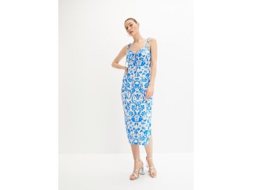 B.P.C sukienka midi z rozcięciem biało-niebieska wzór roślinny r.36/38