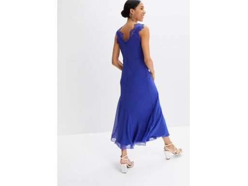 B.P.C Sukienka szyfonowa długa maxi z koronką chabrowa ^42