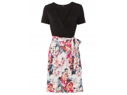 B.P.C czarna sukienka z częścią spódnicową w kwiaty 44/46.