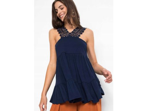 B.P.C top granatowy z koronką i falbanami 40/42.