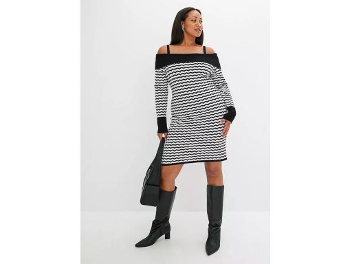 B.P.C ołówkowa sukienka dzianinowa carmen czarno-biała ^44/46