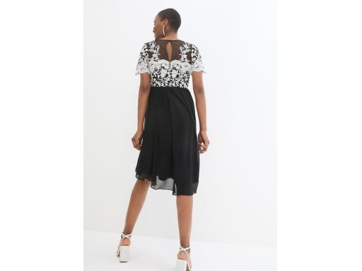 B.P.C czarna sukienka wieczorowa z białym haftem dłuższy tył ^40