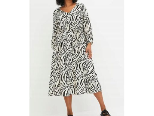 B.P.C sukienka midi zielona khaki w czarny wzór zebry r.34