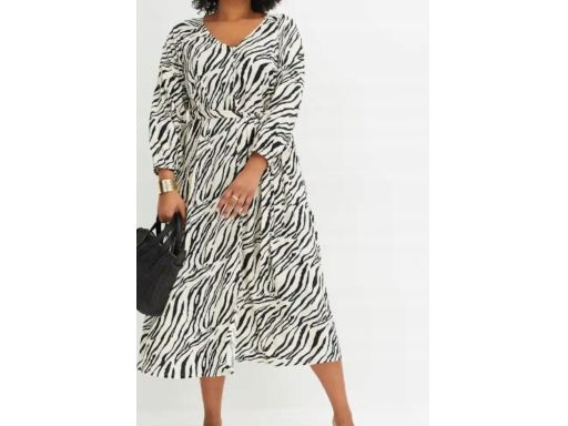 B.P.C sukienka midi zielona khaki w czarny wzór zebry r.34