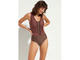 B.P.C Kostium kąpielowy modelujący brązowy w różowe grochy ^40