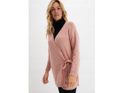 B.P.C długi sweter kopertowy wiązany pudrowy róż ^36/38