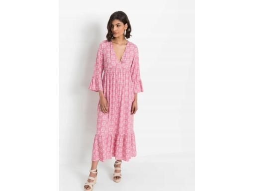 B.P.C długa sukienka kaftanowa różowa w białe wzory r.44