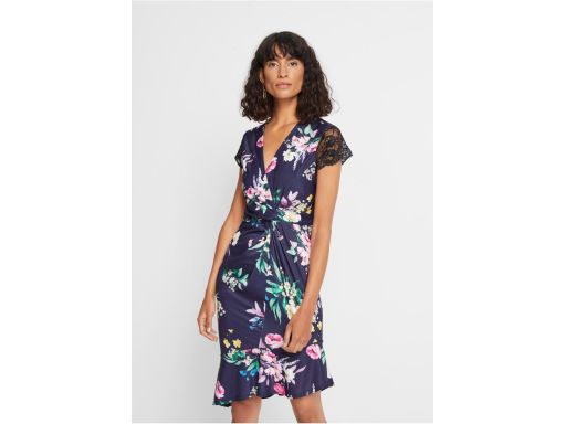 B.P.C asymetryczna sukienka granatowa w kwiaty z koronką ^40/42