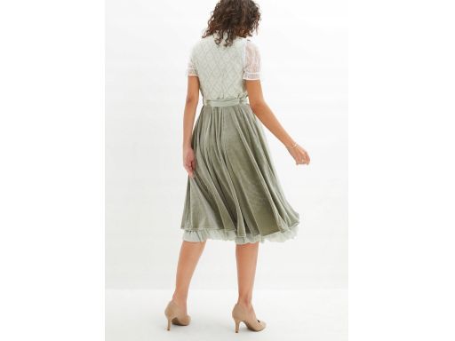 B.P.C. sukienka w stylu ludowym pistacjowa z fartuszkiem 44.