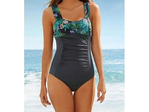 B.P.C kostium kąpielowy czarny z marszczeniem i wzorem przy dekolcie r