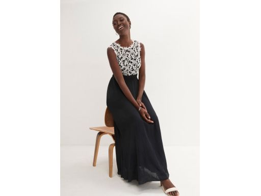 B.P.C sukienka wieczorowa szyfonowa długa maxi z koronką czarno-biała