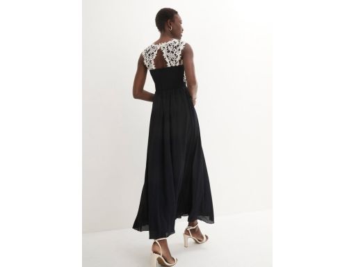 B.P.C sukienka wieczorowa szyfonowa długa maxi z koronką czarno-biała
