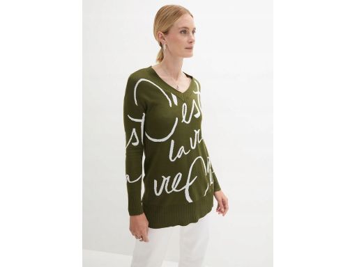 B.P.C khaki sweter z białymi napisami ^36/38