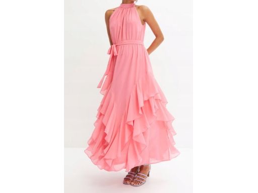 B.P.C sukienka szyfonowa różowa maxi długa z falbankami ^36