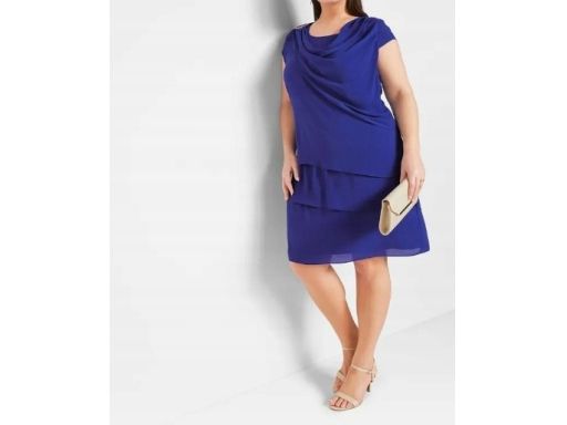 B.P.C sukienka szyfonowa szafirowa z falban z broszką r.50