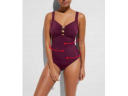 B.P.C śliwkowy kostium jednoczęściowy ze złotymi guzikami 46 (90D).