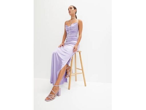 B.P.C długa satynowa sukienka liliowa odkryte plecy lejący dekolt ^38