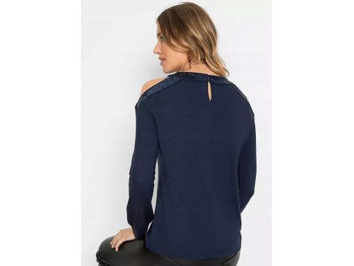 B.P.C bluzka świąteczna granatowa z nadrukiem i cekinami wycięcia r.36