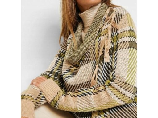 B.P.C kardigan asymetryczny z frędzlami w kratę 36/38.