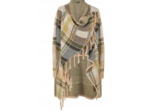 B.P.C kardigan asymetryczny z frędzlami w kratę 36/38.