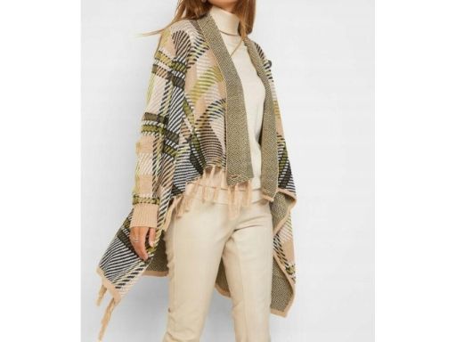 B.P.C kardigan asymetryczny z frędzlami w kratę 36/38.