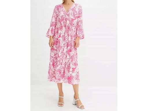 B.P.C sukienka midi biało-różowa we wzory r.48