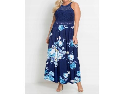 B.P.C długa sukienka w kwiaty z koronką granatowa r.38