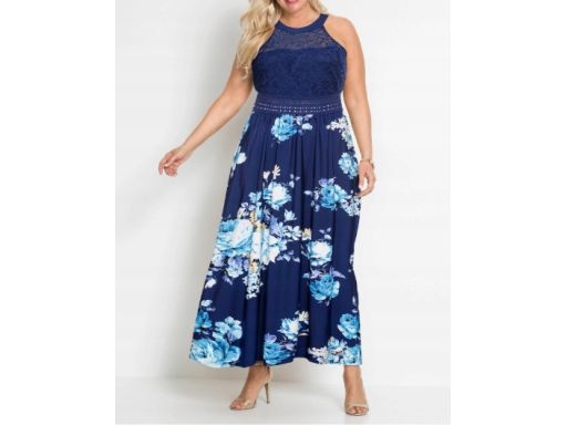 B.P.C długa sukienka w kwiaty z koronką granatowa r.38