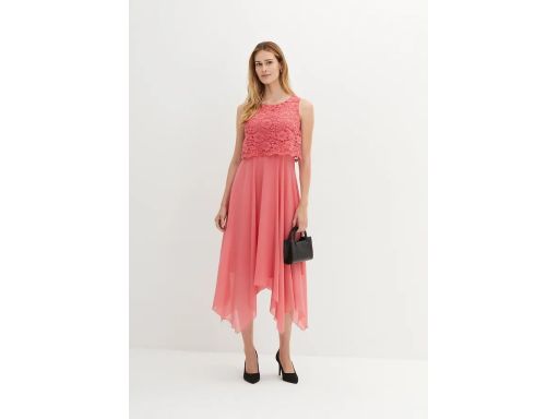 B.P.C sukienka szyfonowa asymetryczna koralowa z koronką r.48