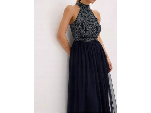 B.P.C długa sukienka wieczorowa granatowa z koralikami 50.